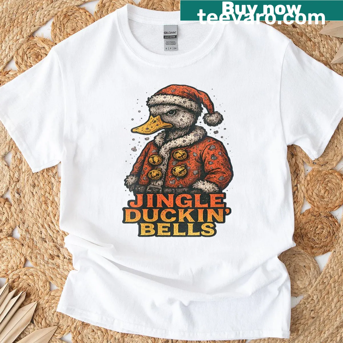 Funny Christmas shirt with angry duck illustration and text — on a men's t-shirt