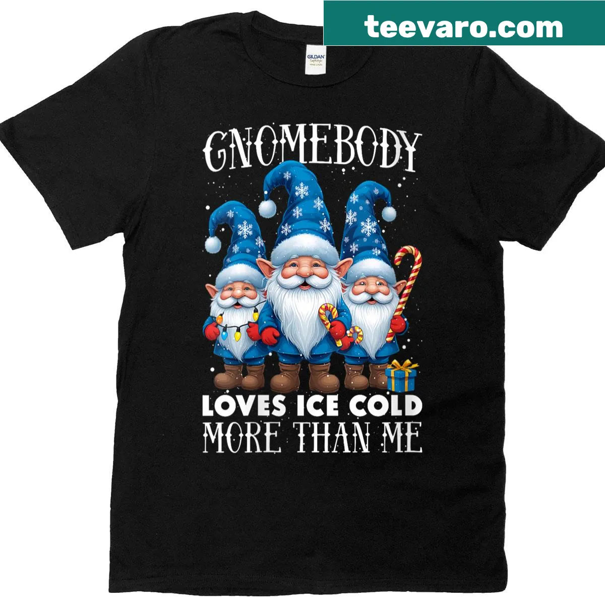 Winter-themed gnome t-shirt with funny text and graphic. — on a men's t-shirt
