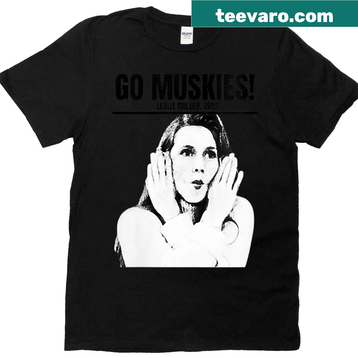 Bold Muskies emblem design on women's t-shirt — on a men's t-shirt