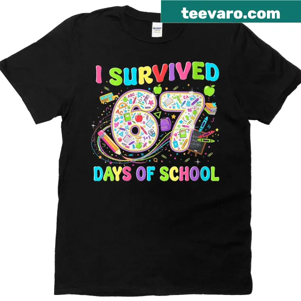 Funny T-shirt for teachers with I Survived 67 Days Of School text