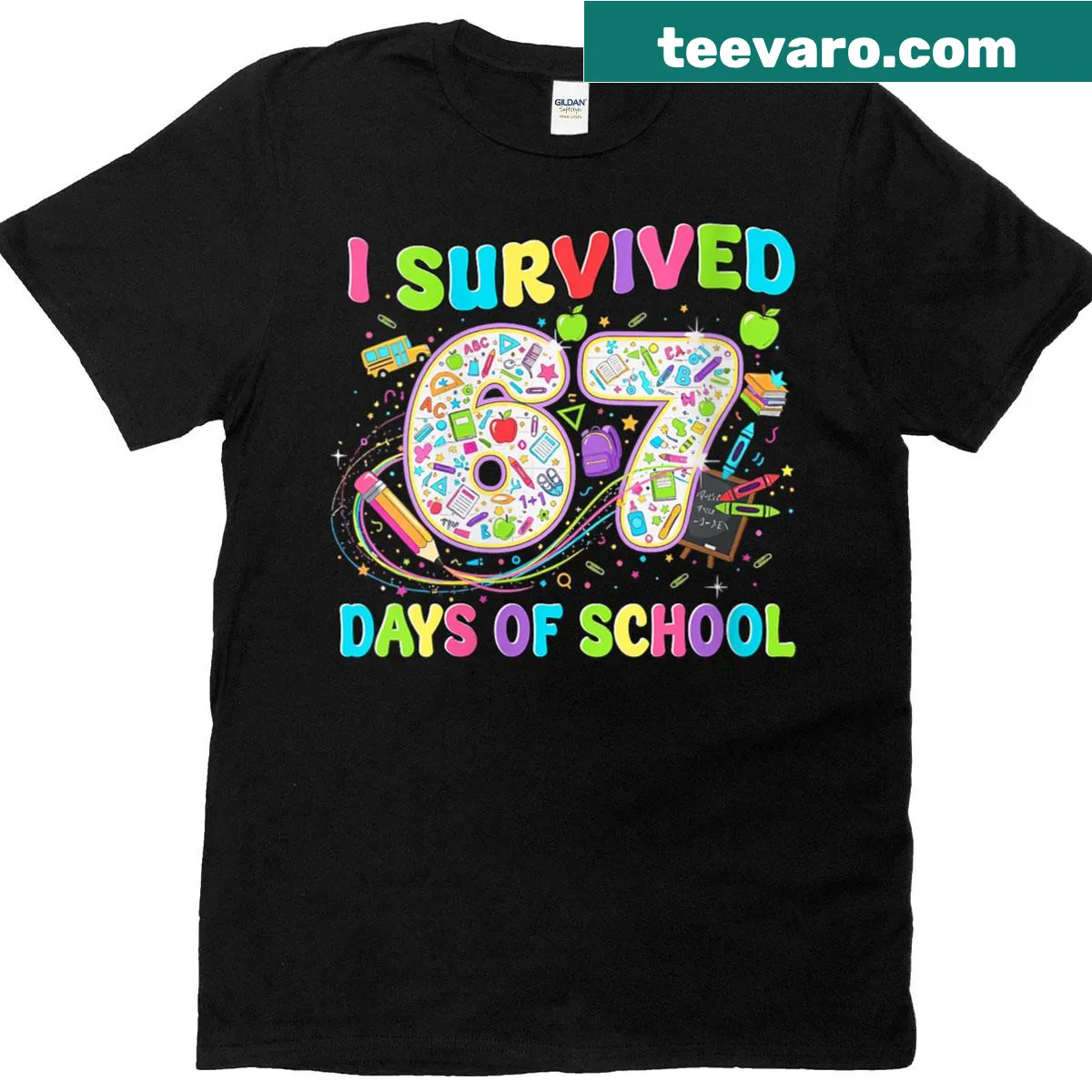 Funny T-shirt for teachers with I Survived 67 Days Of School text — on a men's t-shirt