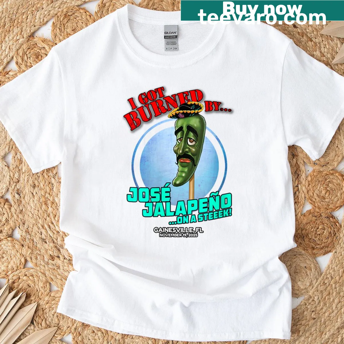 Jose Jalapeno on a stick graphic T-shirt for women — on a men's t-shirt