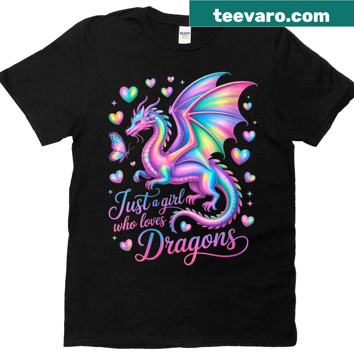 Whimsical t-shirt with girl, dragons, and butterflies illustration — on a men's t-shirt