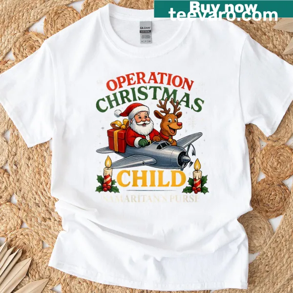 Christmas-themed women's shirt with Operation Christmas Child illustration