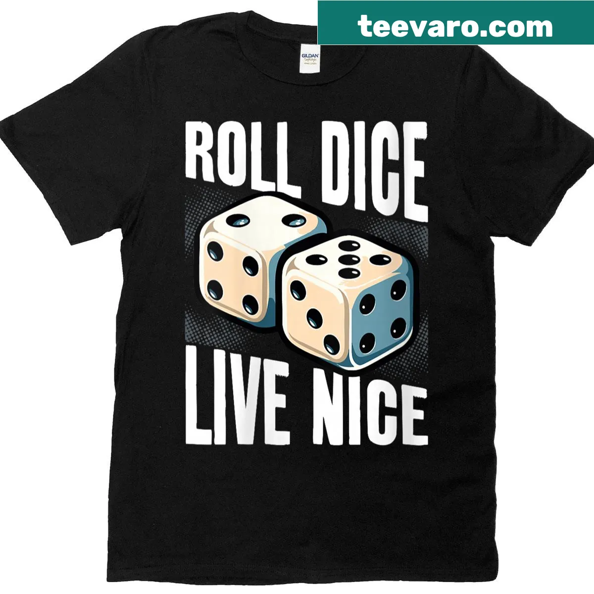 Funny gaming t-shirt with text 'Roll Dice Live Nice' and dice graphics. — on a men's t-shirt