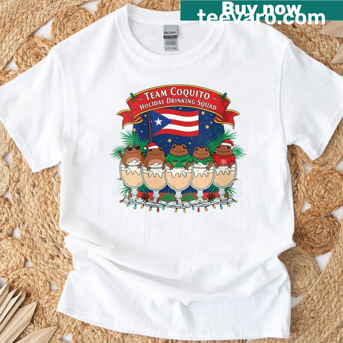 Funny holiday drinking squad T-shirt for women with coquito graphic — on a men's t-shirt