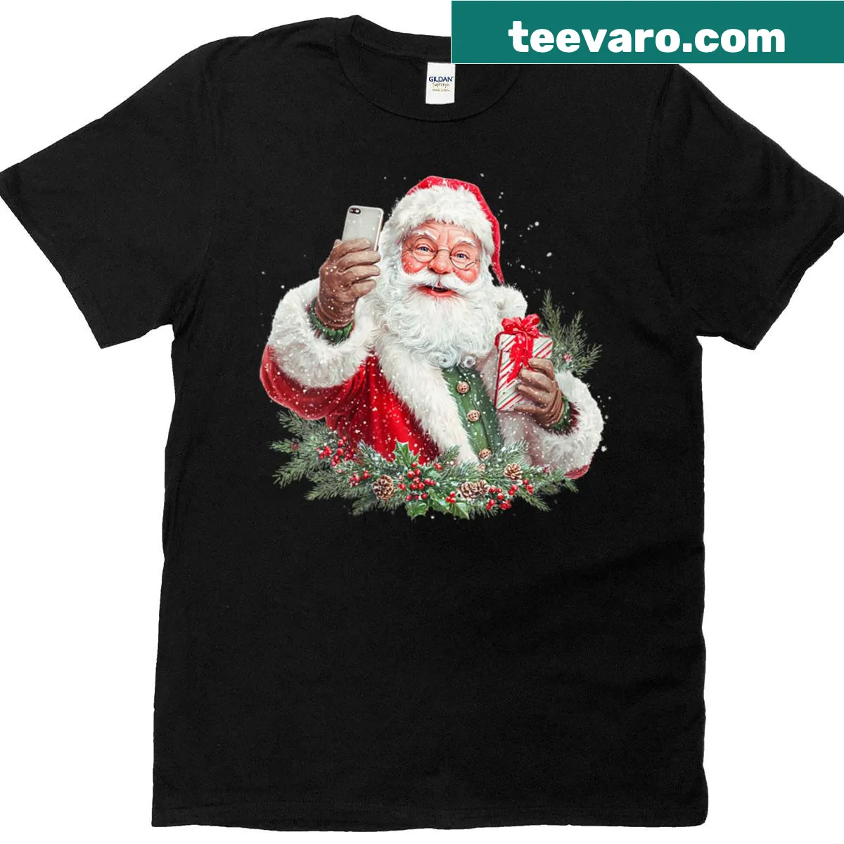 Vintage Santa selfie graphic on a holiday-themed T-shirt — on a men's t-shirt