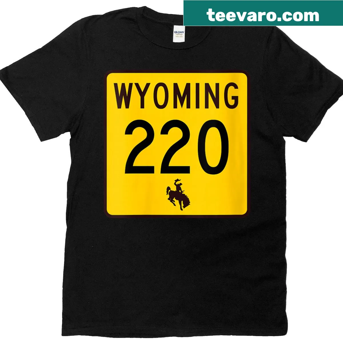 Wyoming Highway 220 sign graphic on a women's t-shirt — on a men's t-shirt