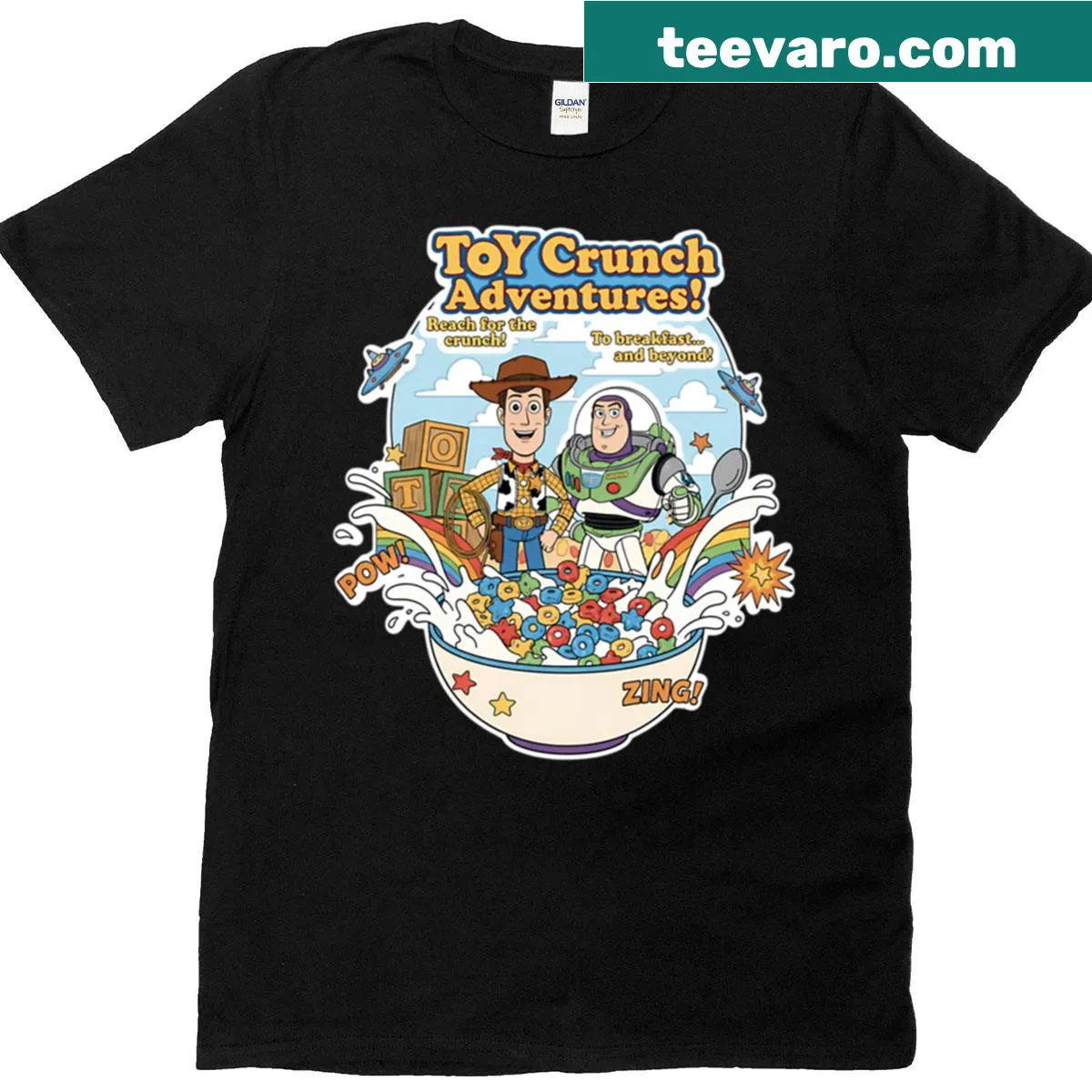 Woody and Buzz from cereal box toys illustrated on t-shirt — on a men's t-shirt