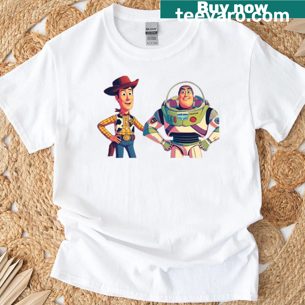 Cartoon T-shirt featuring Woody and Buzz from Toy Story — on a men's t-shirt