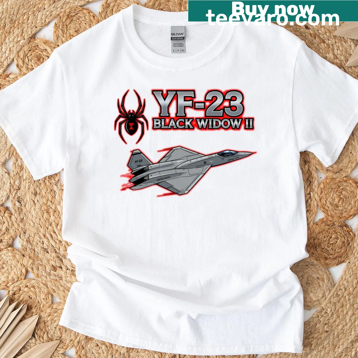 Illustration of YF-23 Black Widow II jet fighter on T-shirt — on a men's t-shirt