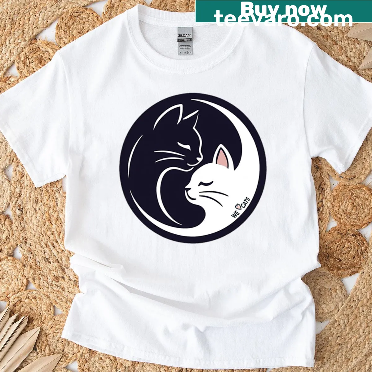 Minimalist t-shirt featuring yin yang cats in a silhouette design — on a men's t-shirt