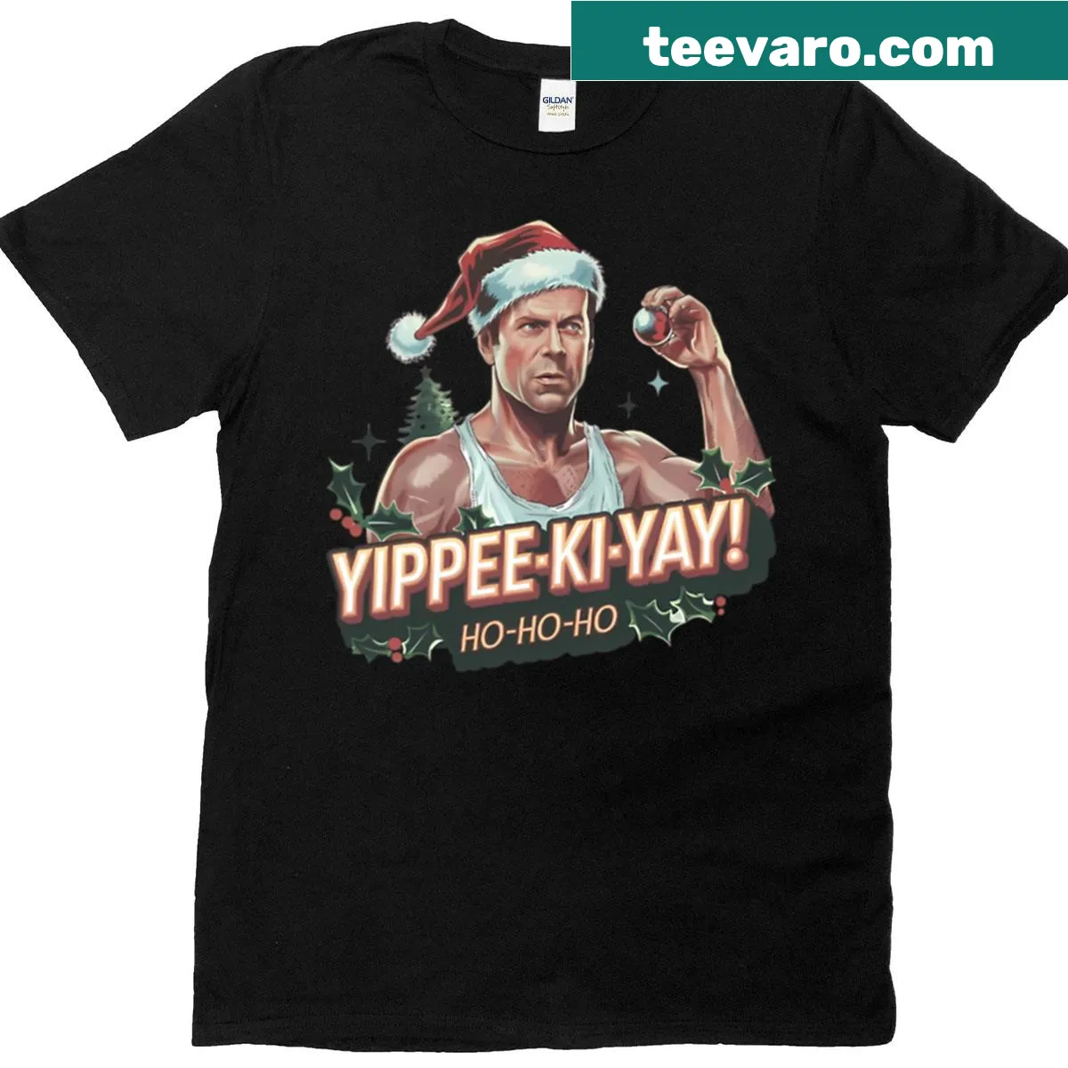 Funny Die Hard Santa Christmas scene graphic t-shirt — on a men's t-shirt