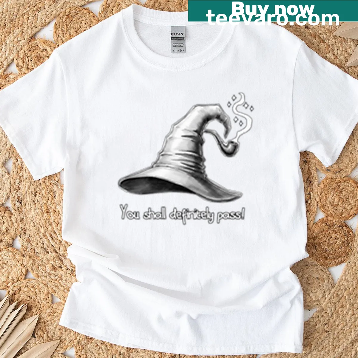 Funny t-shirt with Gandalf-inspired art and wizard hat illustration — on a men's t-shirt