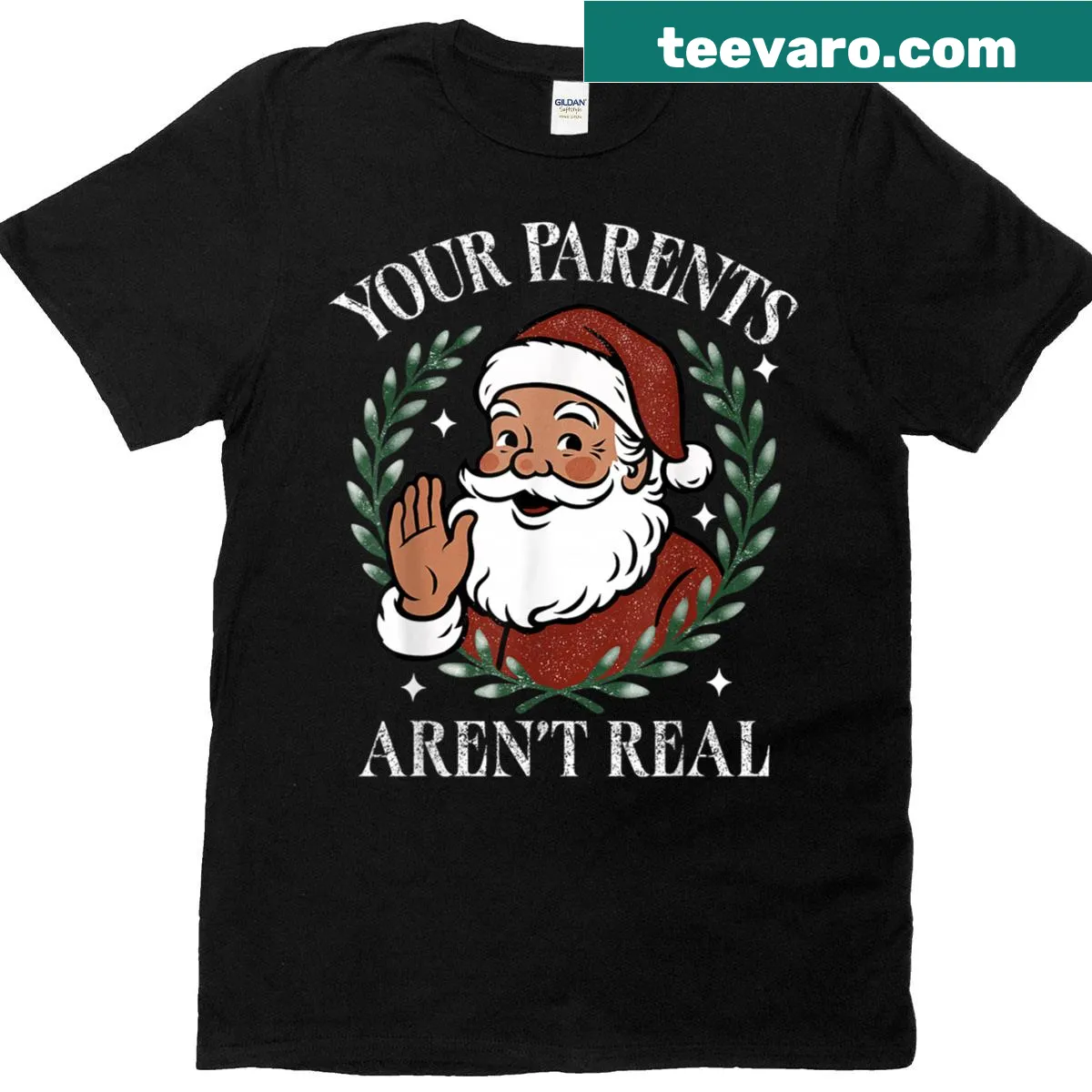 Funny Christmas t-shirt with text questioning parents' reality regarding Santa. — on a men's t-shirt