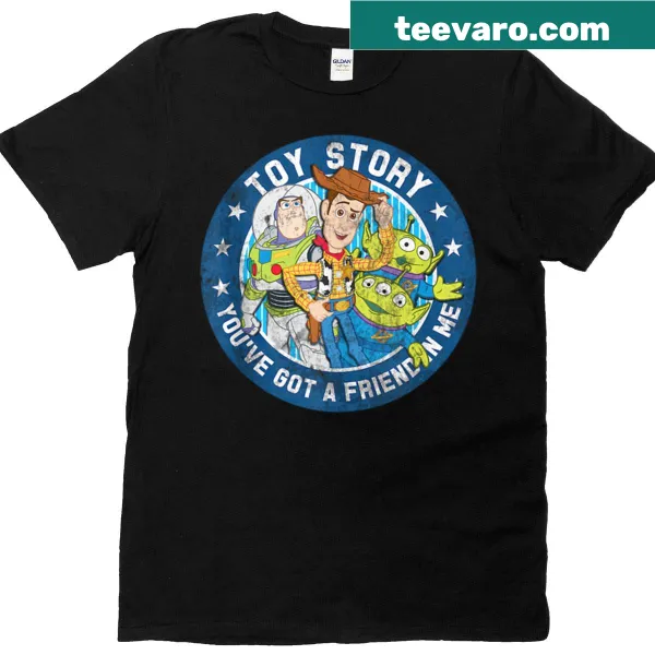 Graphic t-shirt featuring Woody and Buzz with the phrase 'You've Got A Friend In Me.'