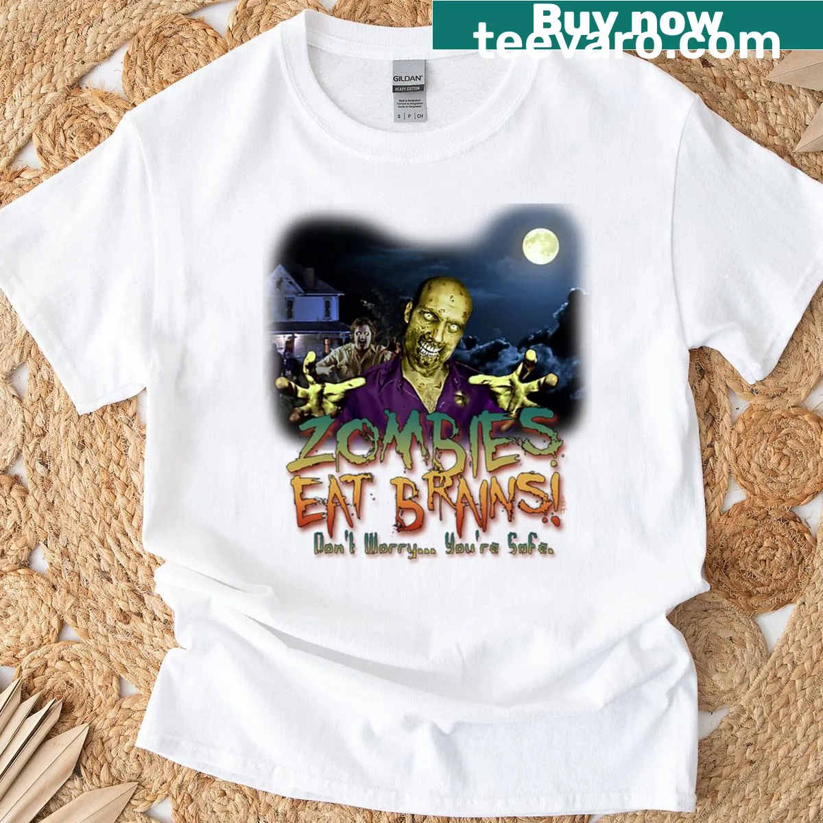 Funny T-shirt featuring cartoon zombies with a playful message about brains — on a men's t-shirt