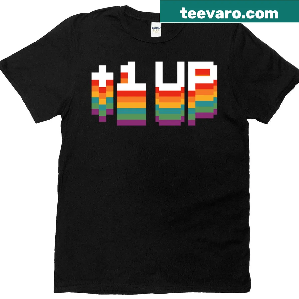 Pixel art 1UP symbol t-shirt celebrating LGBTQ+ pride — on a men's t-shirt