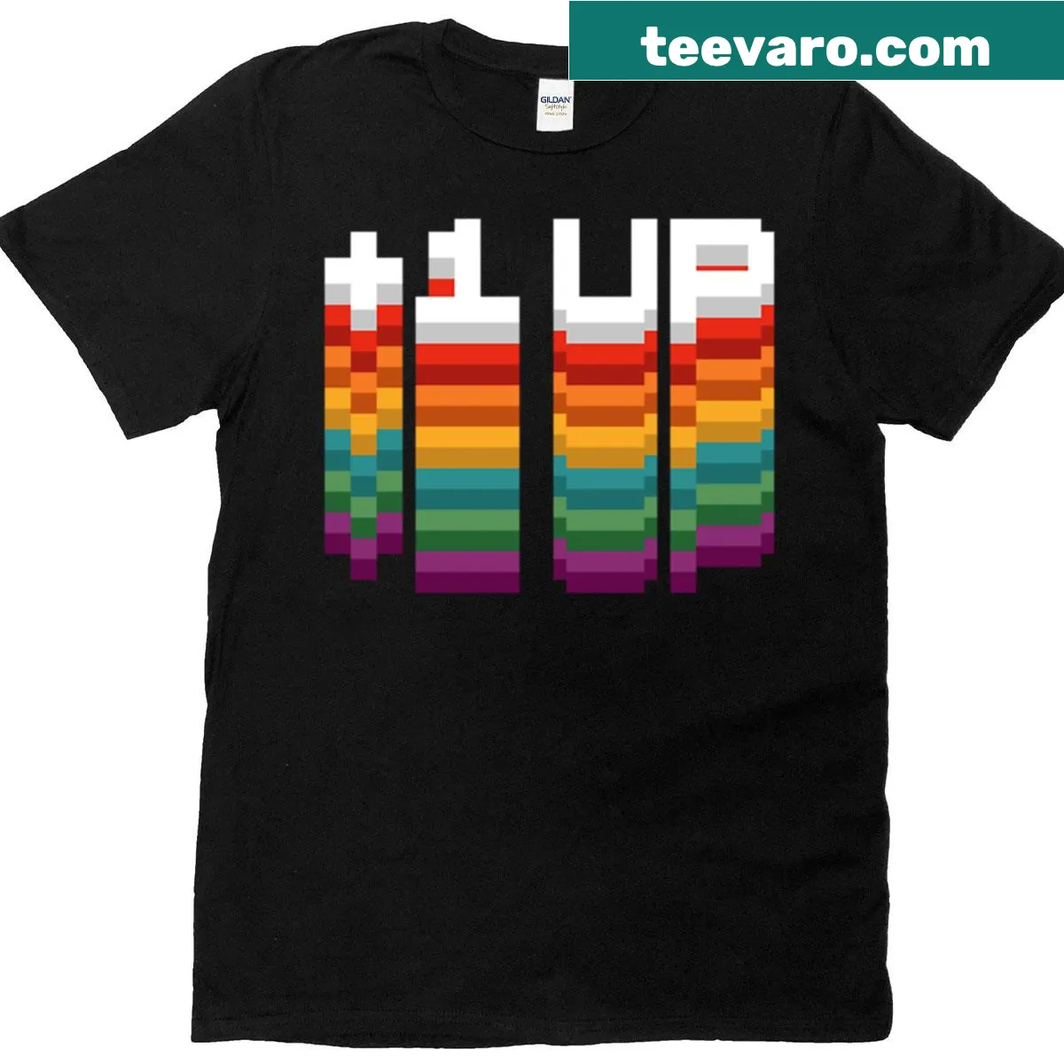 Pixel art T-shirt featuring an LGBT-themed extra life symbol — on a men's t-shirt