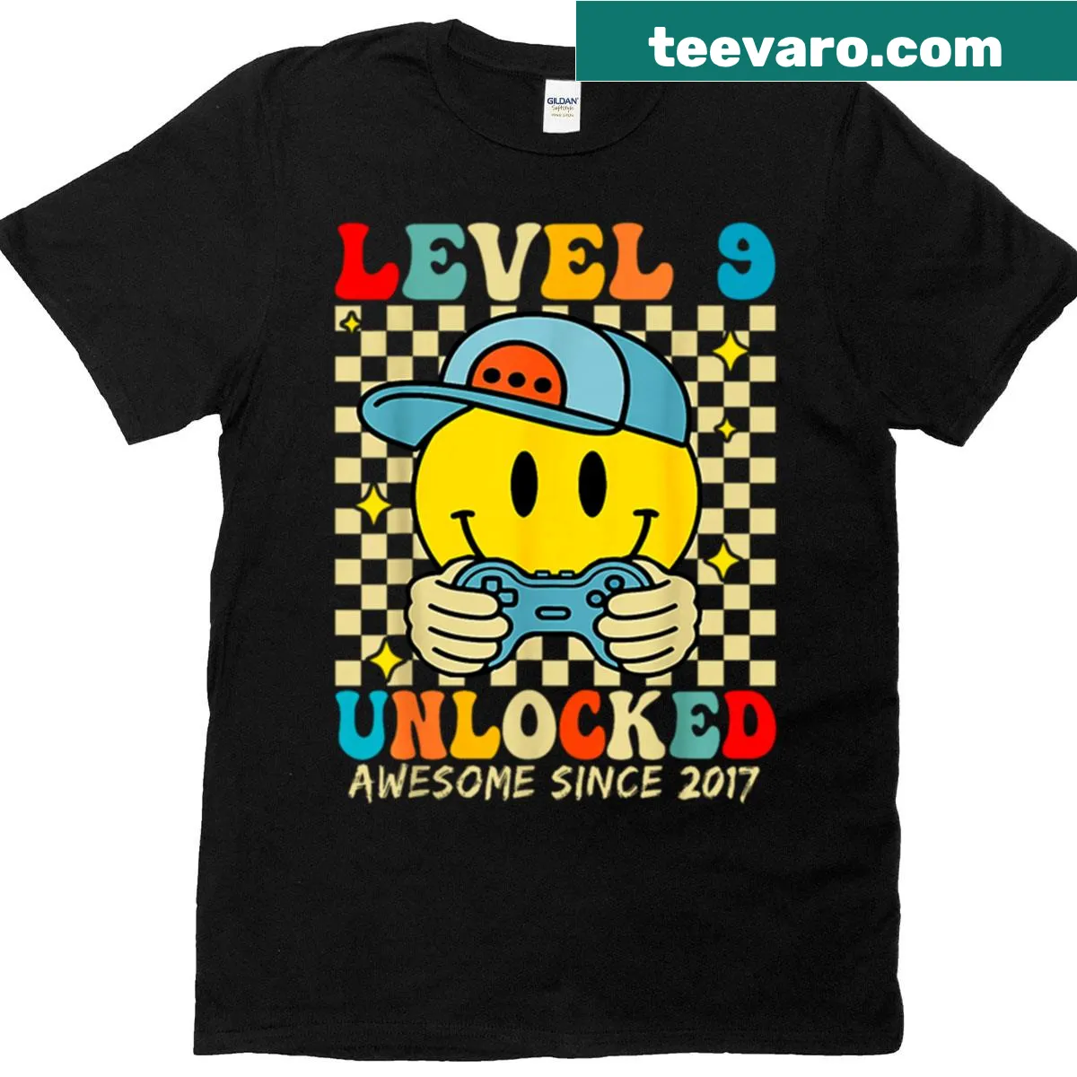 9th birthday shirt for gamer boy with playful birthday theme — on a men's t-shirt