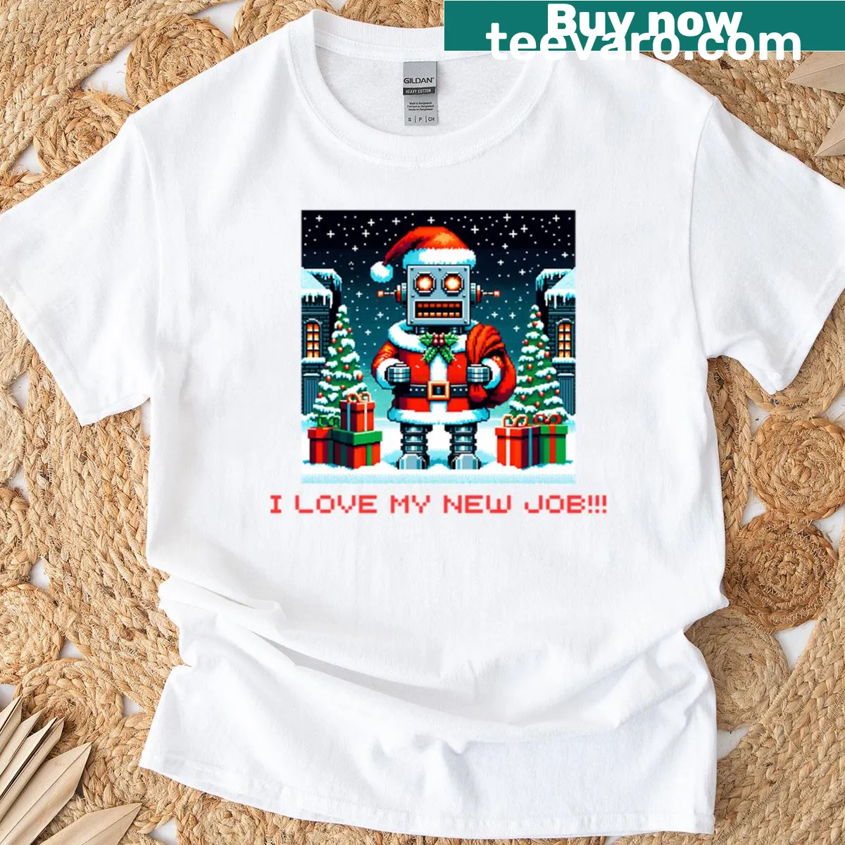 Illustration of a happy robot dressed as Santa Claus, merging gaming with Christmas cheer. — on a men's t-shirt