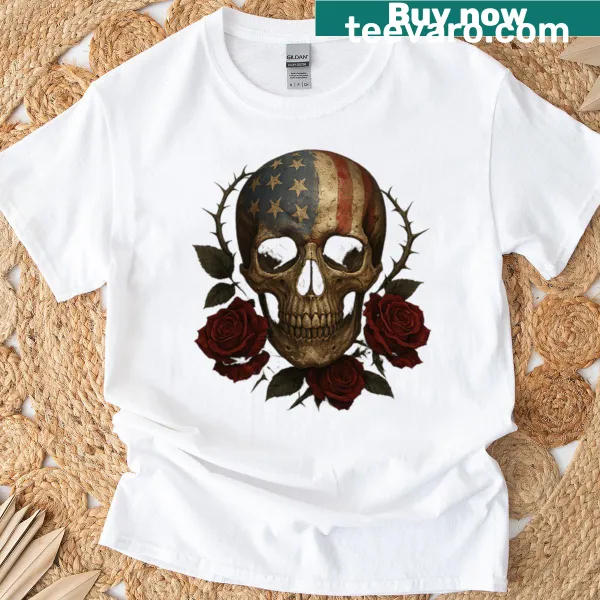 Illustrated T-shirt featuring an American flag skull with a rose crown