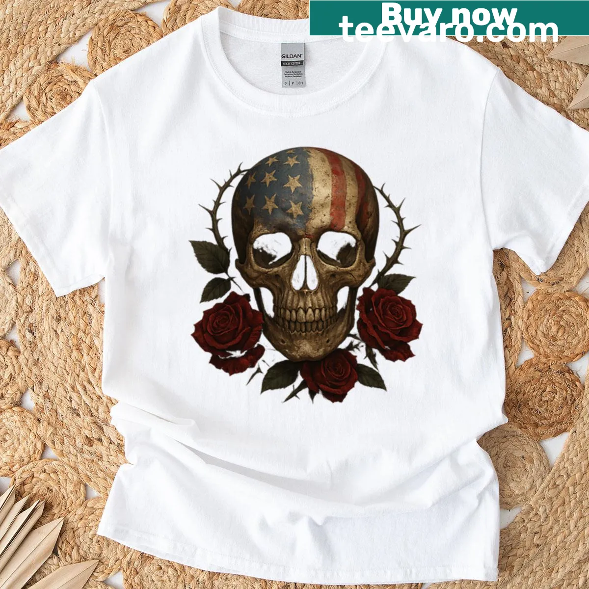 Illustrated T-shirt featuring an American flag skull with a rose crown — on a men's t-shirt