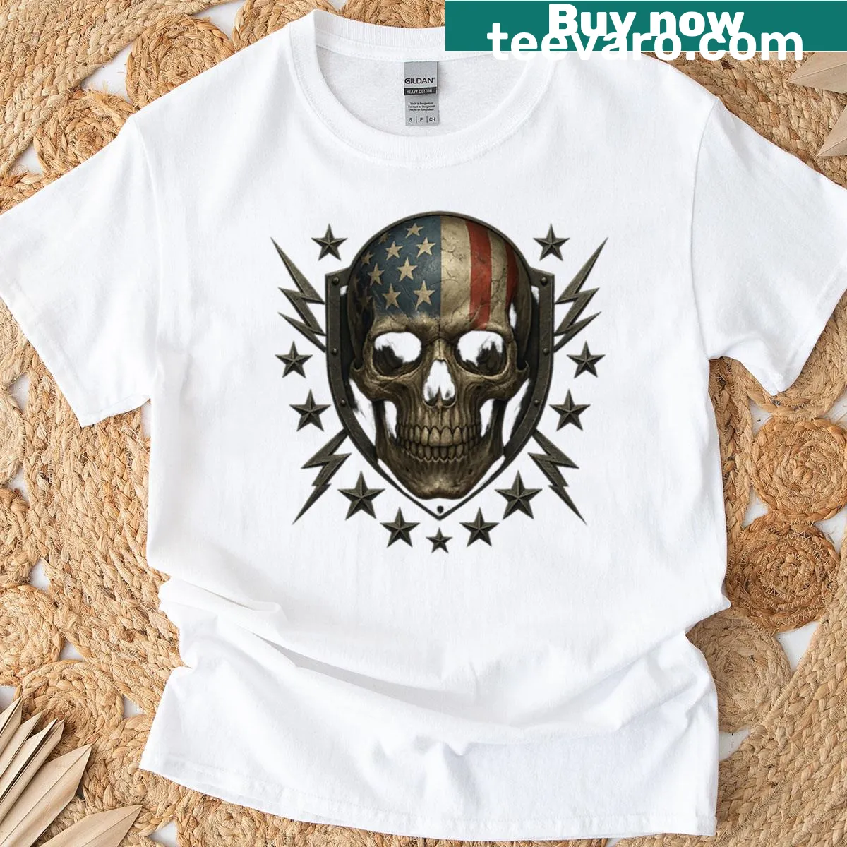 T-shirt with American shield and skull graphic — on a men's t-shirt