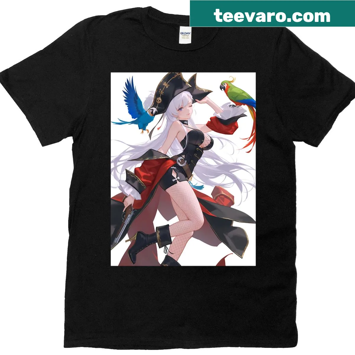 Anime pirate beauty design on T-shirt featuring parrots — on a men's t-shirt
