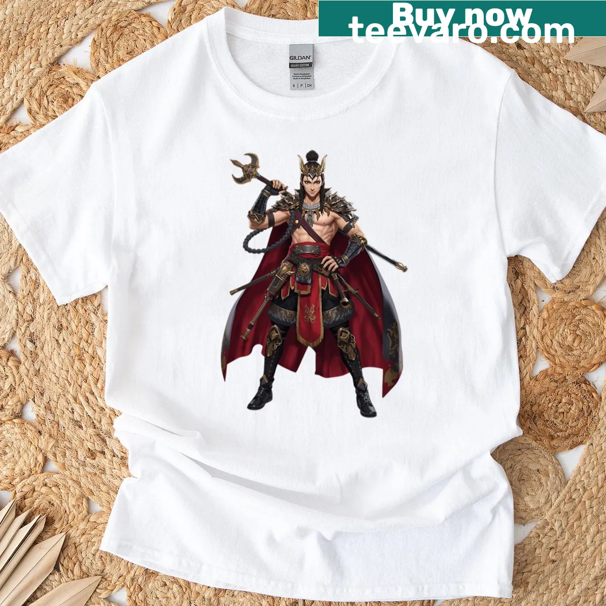 Anime warrior king in red and black cape with weapons depicted on T-shirt. — on a men's t-shirt
