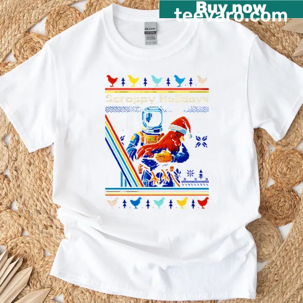 Holiday-themed T-shirt featuring a rooster and 'Scrappy Holidays Merry Christmas'