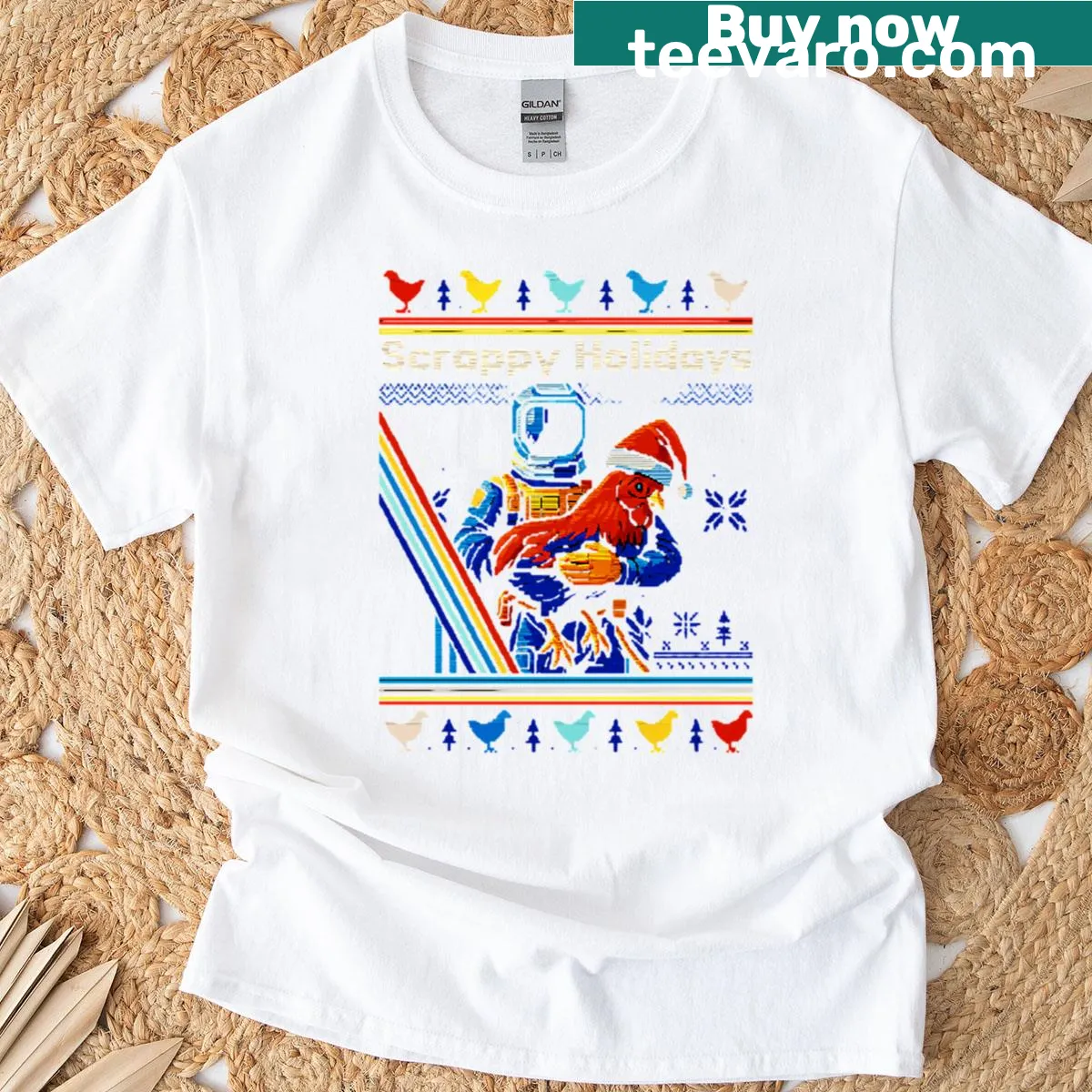 Holiday-themed T-shirt featuring a rooster and 'Scrappy Holidays Merry Christmas' — on a men's t-shirt