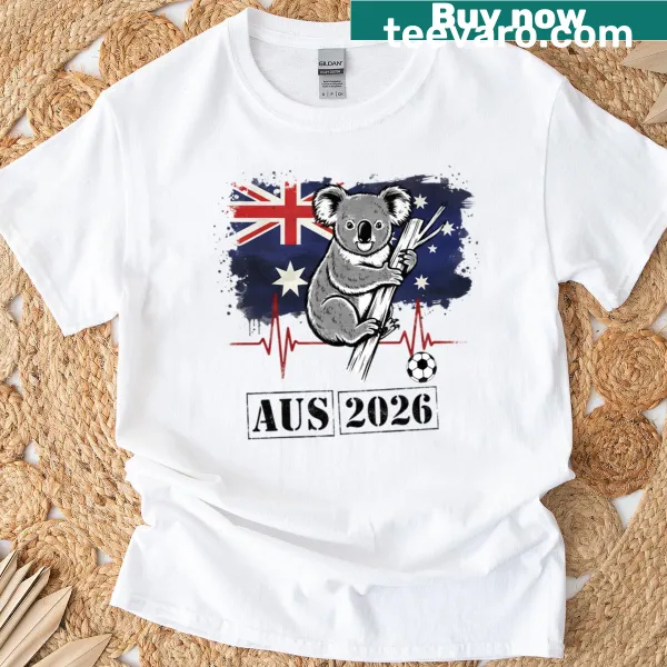 Illustration of a koala playing soccer with Australian flag and heartbeat