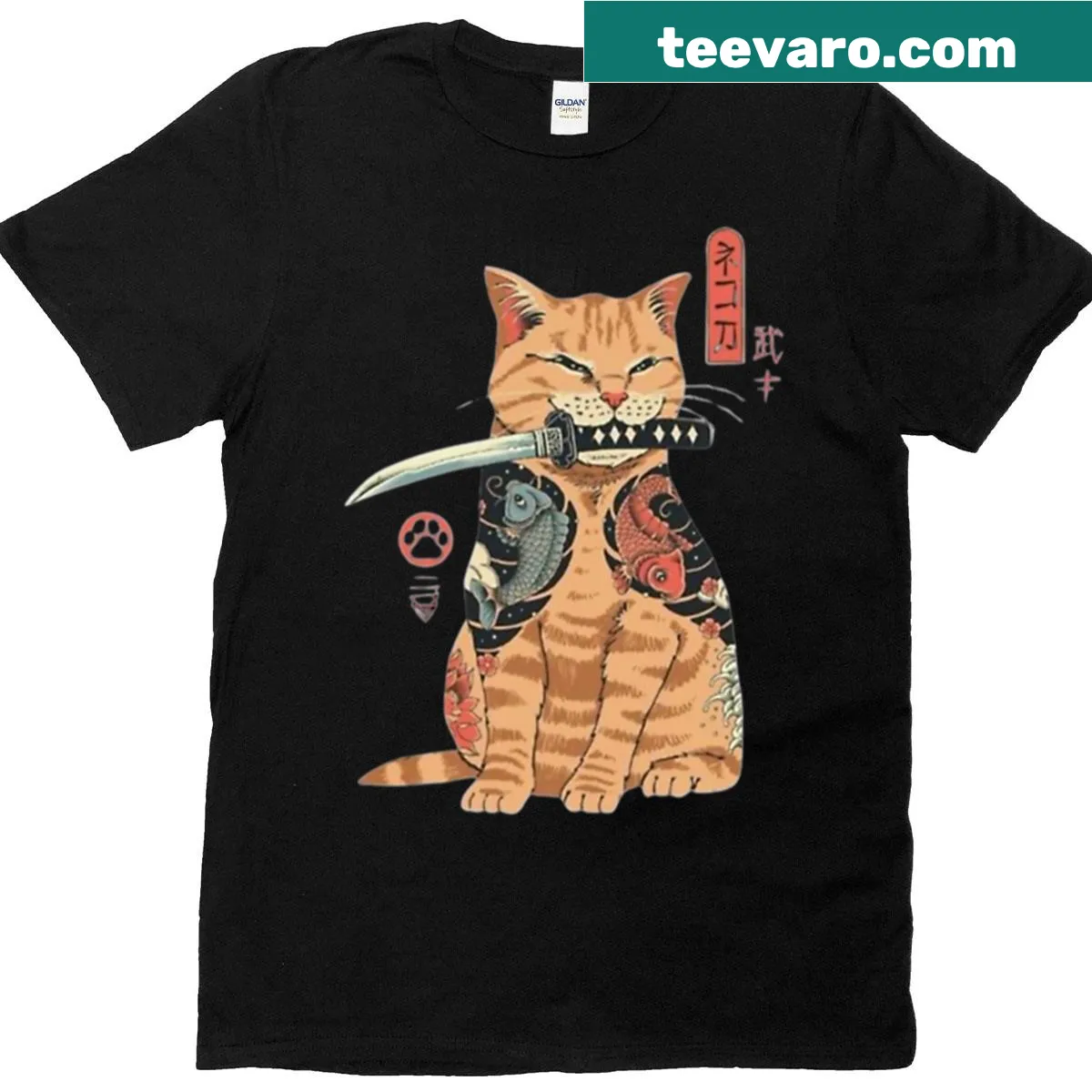 Illustration of an orange cat with katana and tattoos on a T-shirt — on a men's t-shirt
