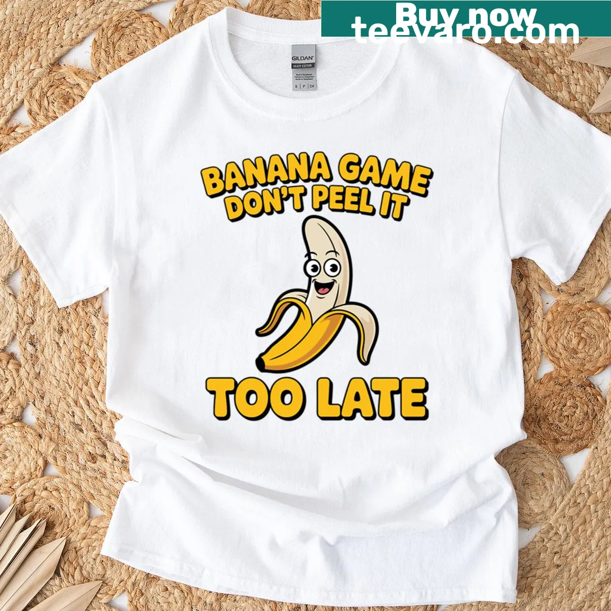 Cartoon T-shirt with a funny banana graphic and humorous slogan — on a men's t-shirt