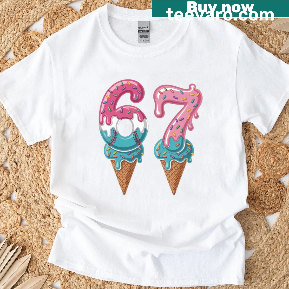 Cartoon T-shirt featuring a baseball and ice cream design — on a men's t-shirt