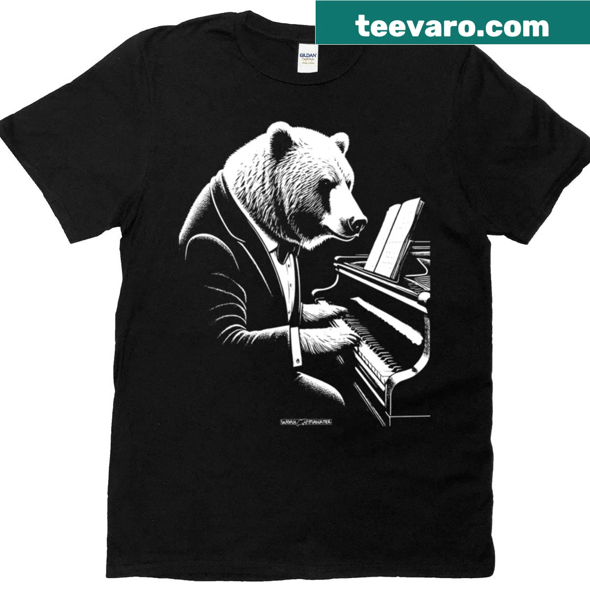 Funny bear T-shirt with bear in tuxedo playing piano — on a men's t-shirt