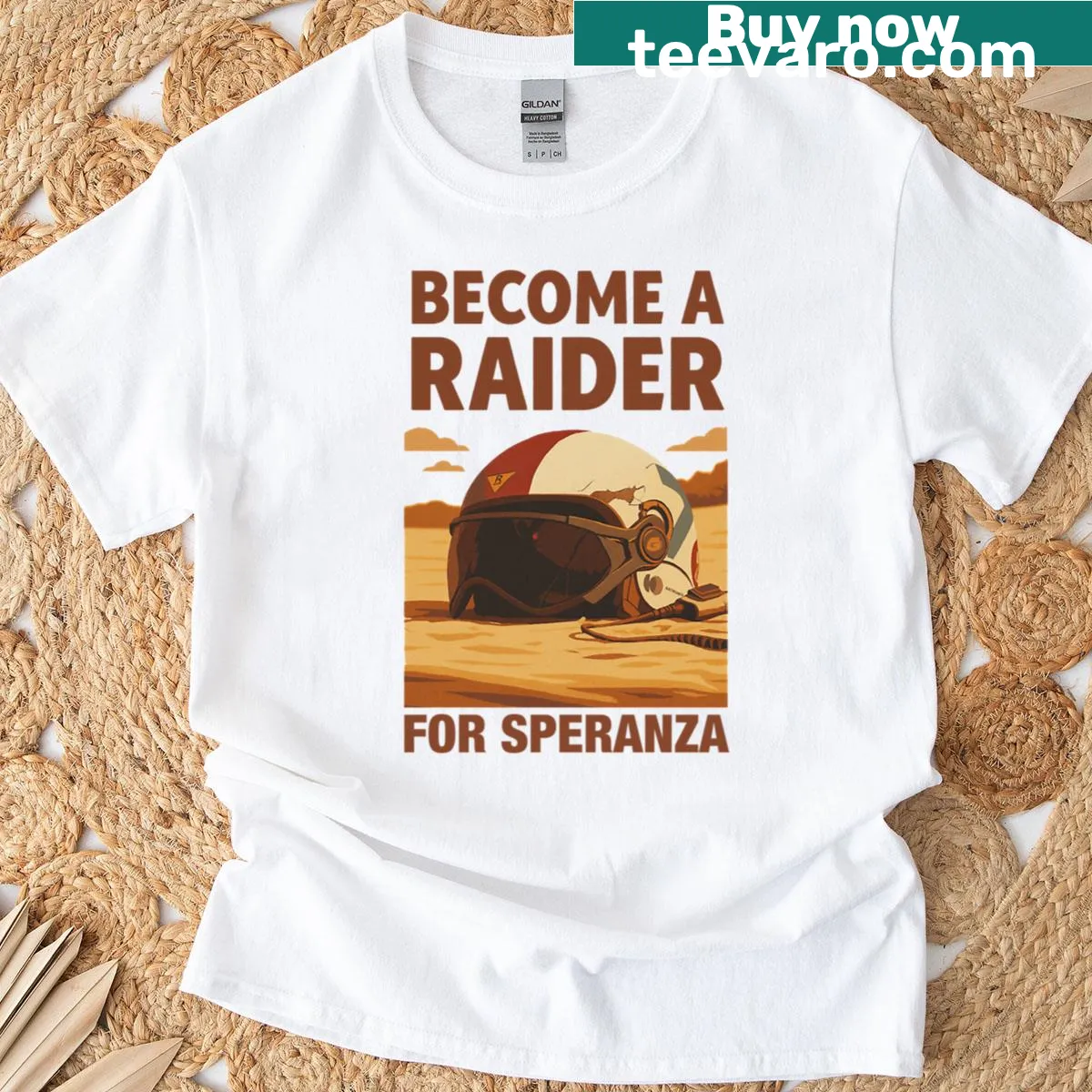 T-shirt featuring 'Become A Raider For Speranza' slogan — on a men's t-shirt