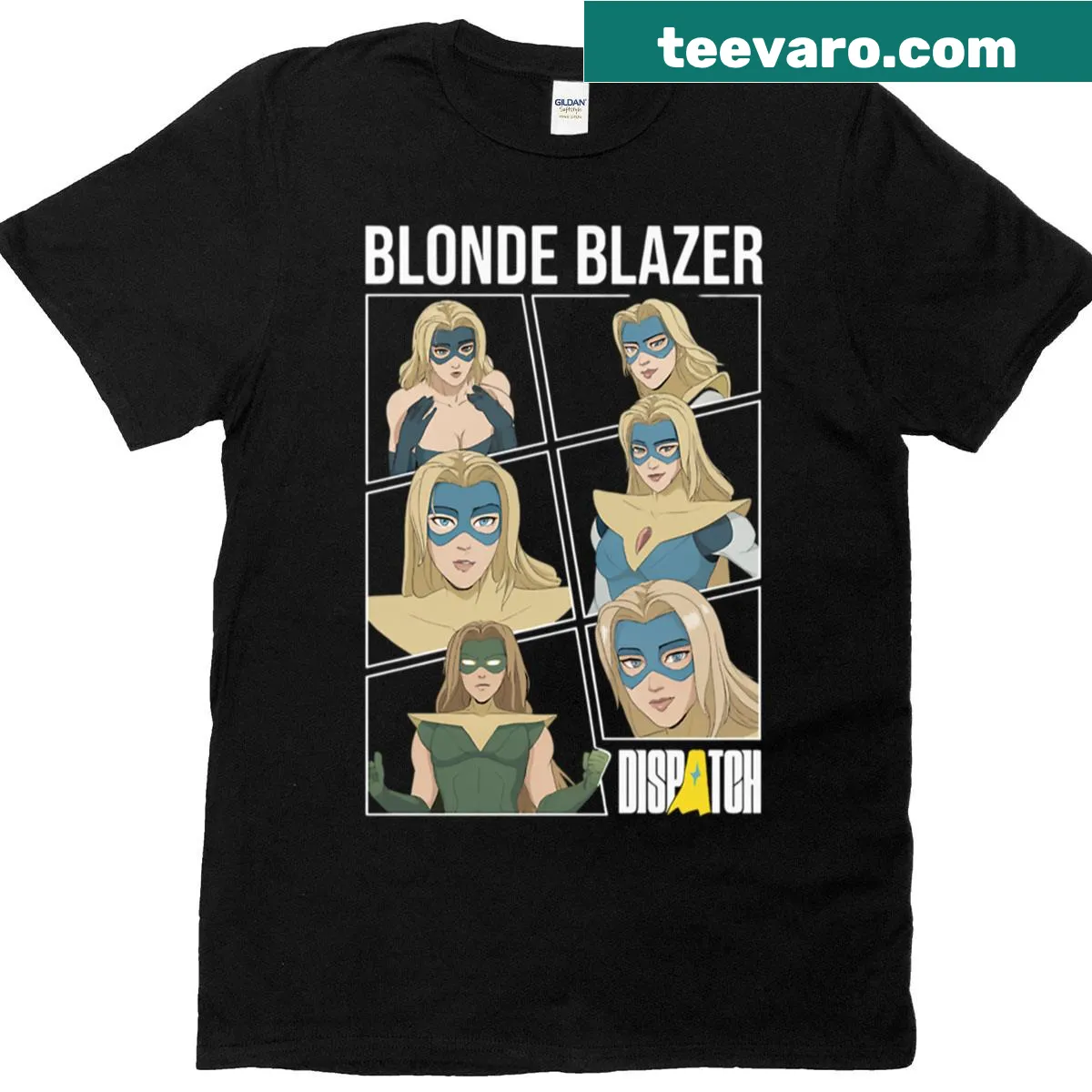 Dispatch game t-shirt featuring a blonde blazer illustration — on a men's t-shirt