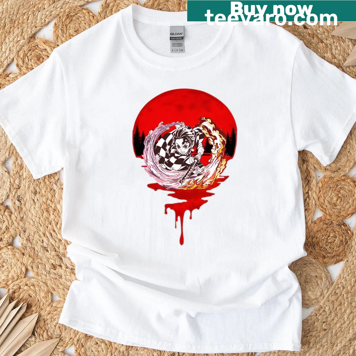 Eerie illustration of a demon under a blood-red moon on a t-shirt — on a men's t-shirt