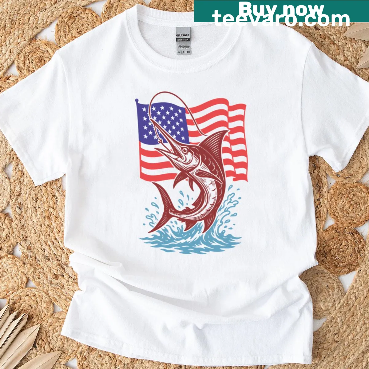 Illustration of a blue marlin on a fishing-themed t-shirt — on a men's t-shirt