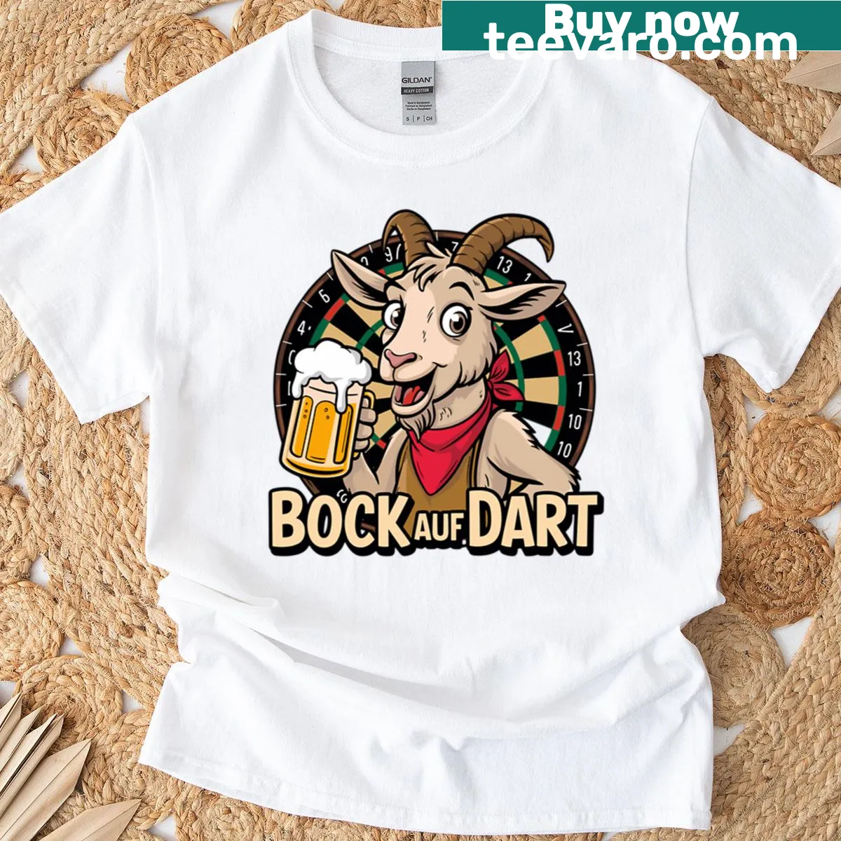 Playful t-shirt featuring a goat with beer and darts illustration — on a men's t-shirt