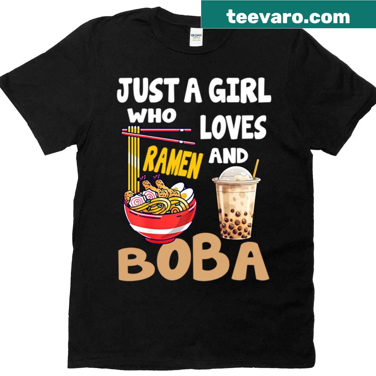 Illustration of a girl with ramen and boba on a T-shirt — on a men's t-shirt