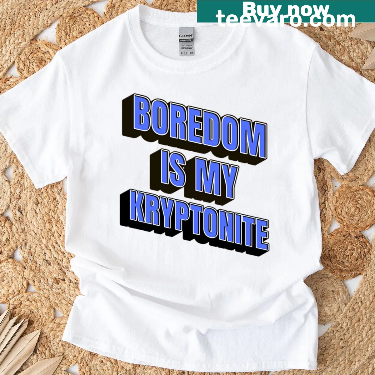 Humor T-shirt with the phrase Boredom Is My Kryptonite — on a men's t-shirt