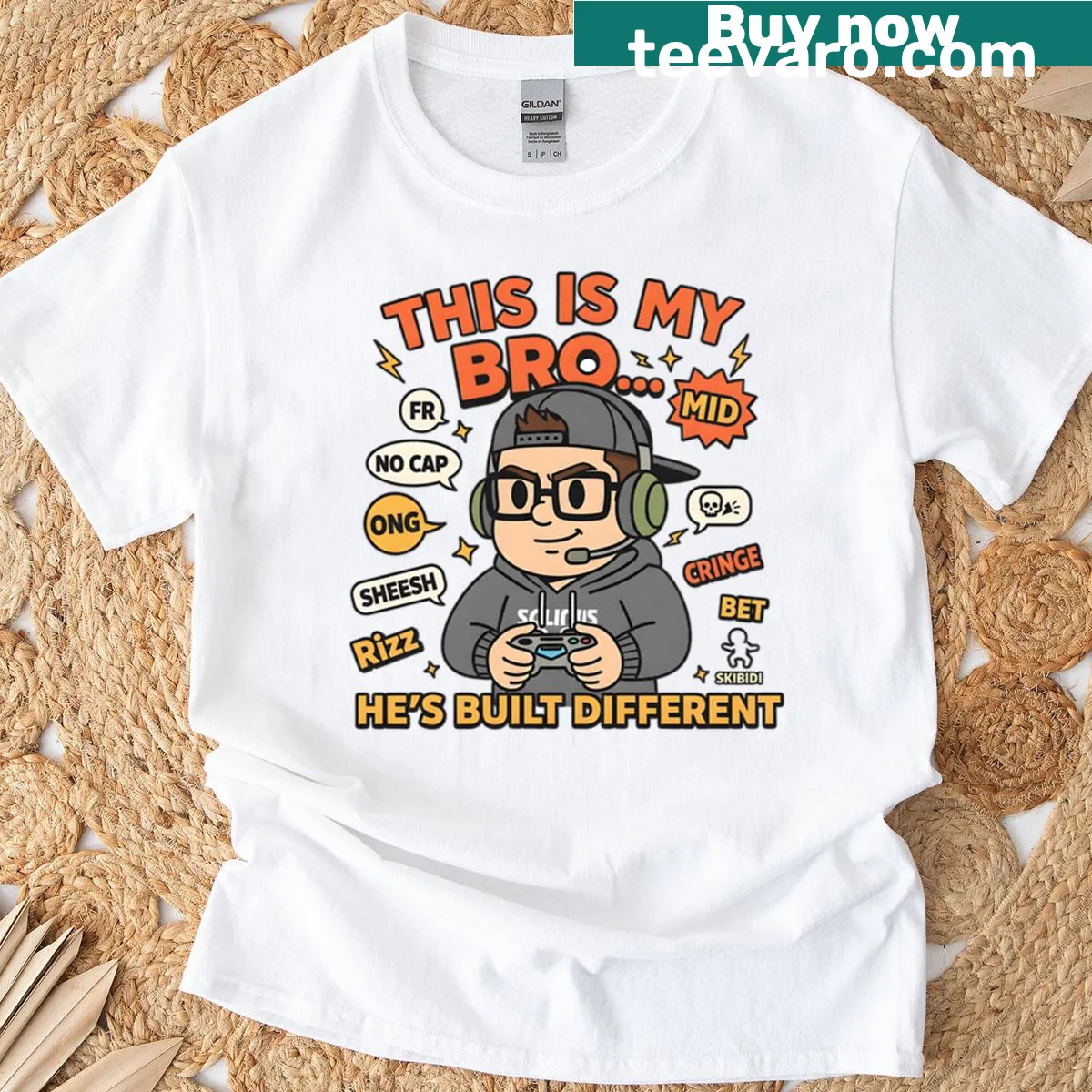 Cartoon T-shirt with a 'Built Different' gamer meme design — on a men's t-shirt