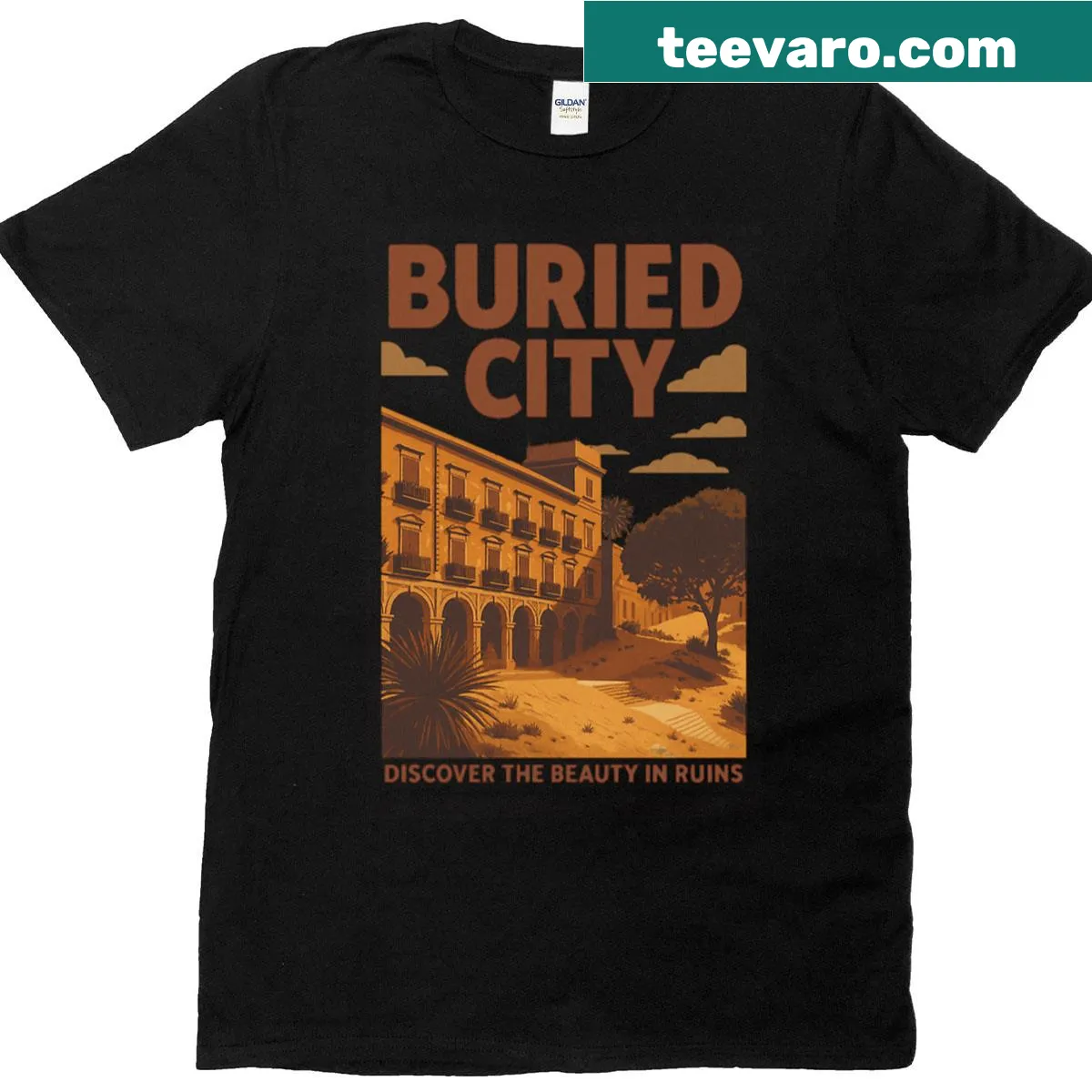 Illustration of Buried City Raiders themed art on a t-shirt — on a men's t-shirt