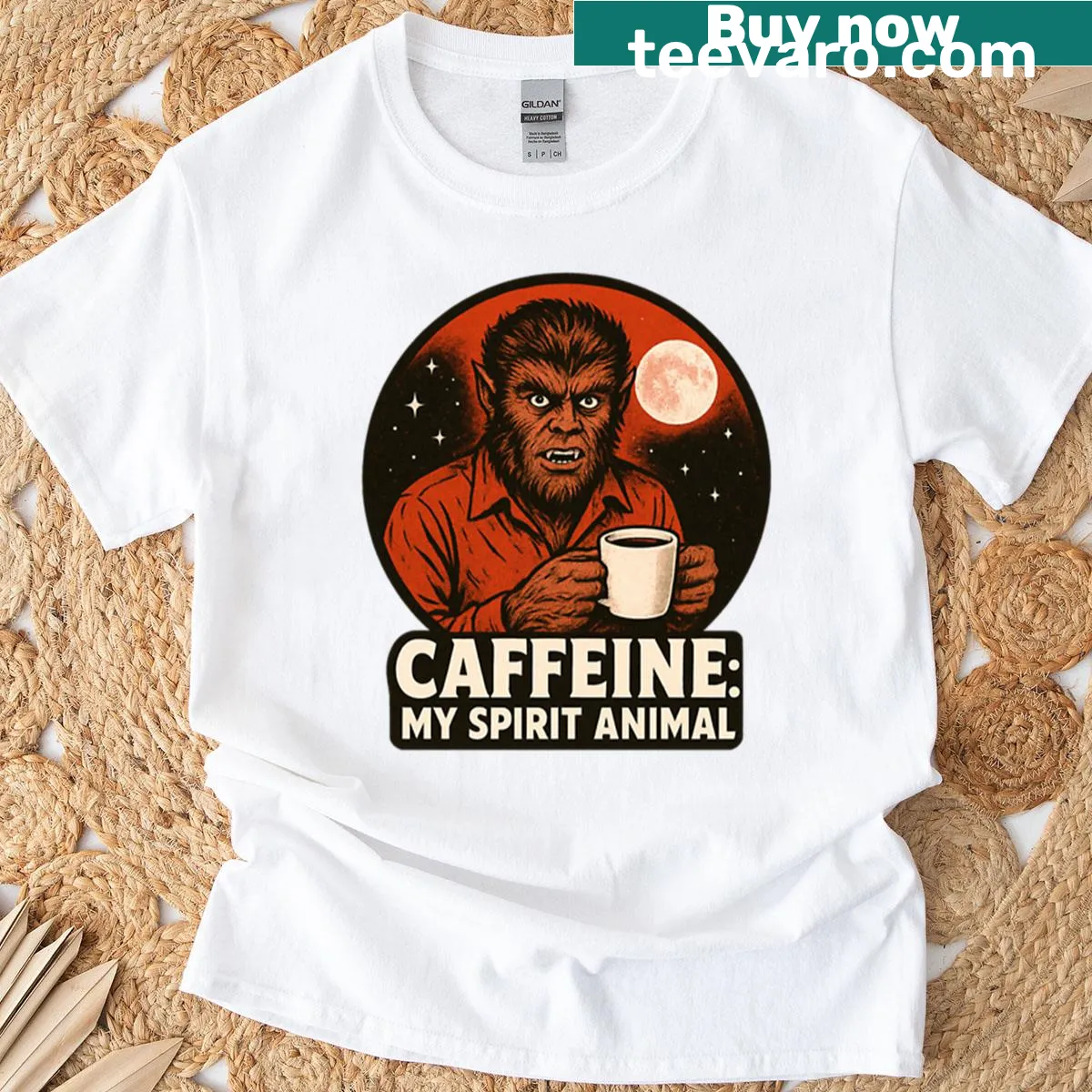 Playful t-shirt with 'Caffeine My Spirit Animal' text design — on a men's t-shirt