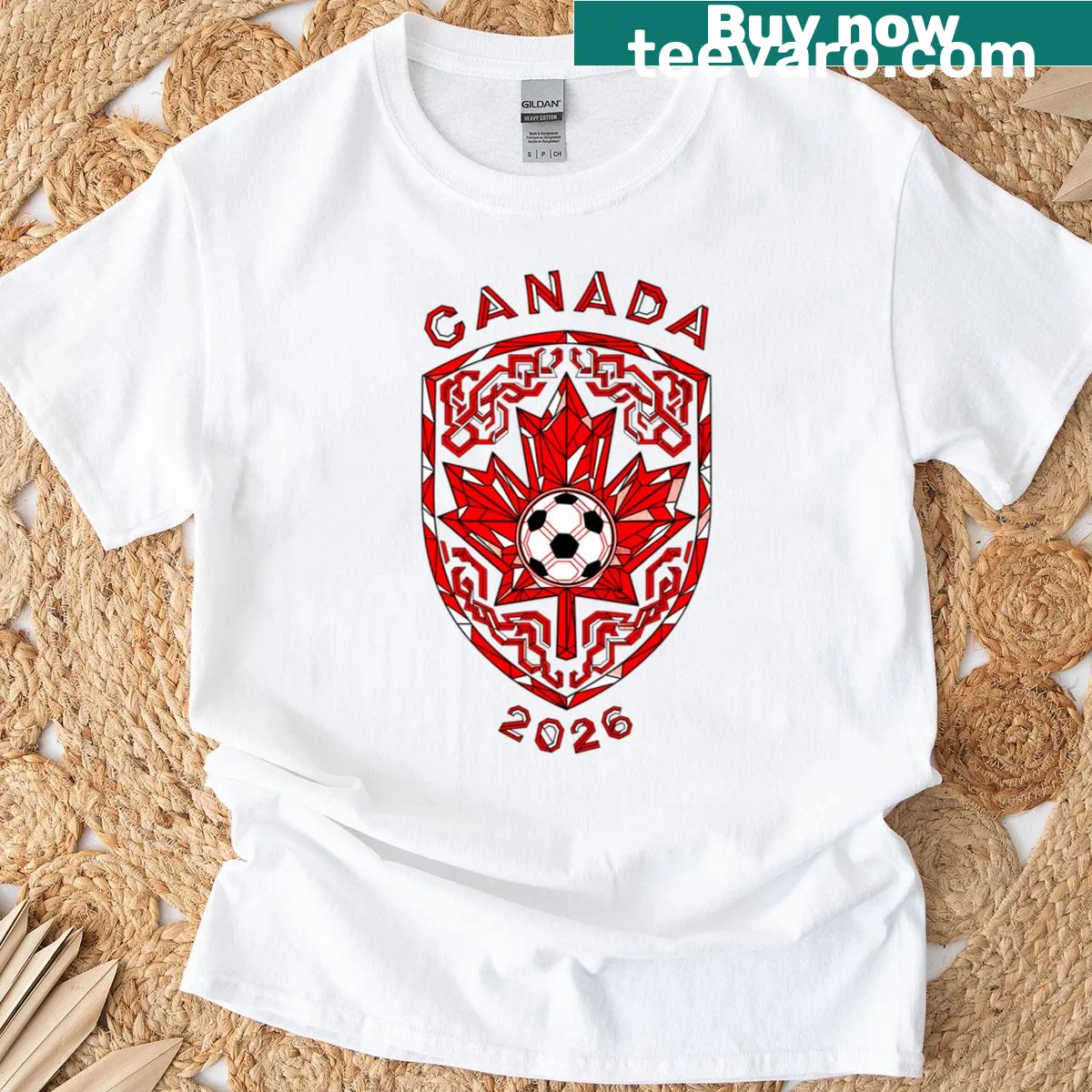 T-shirt featuring a Canada maple leaf emblem combined with soccer elements — on a men's t-shirt