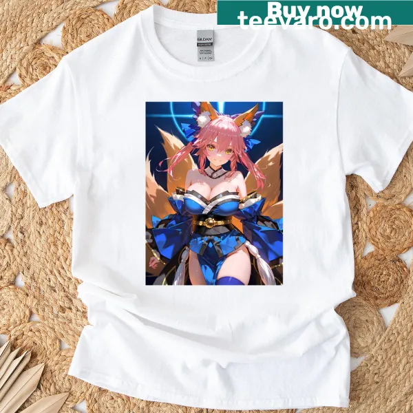 Illustrative magic fox in a blue kimono on a t-shirt