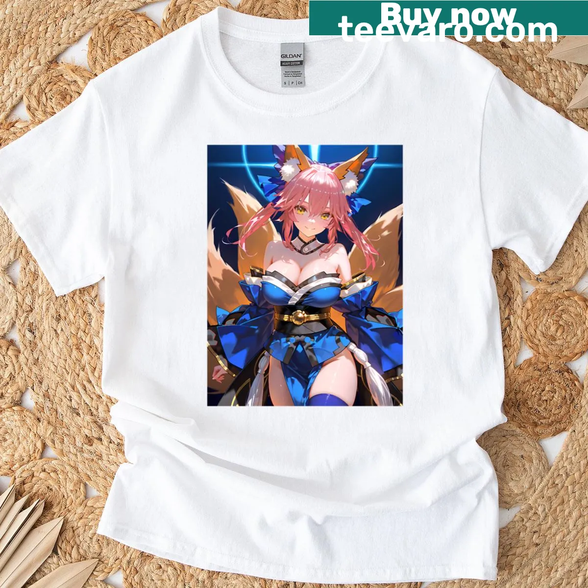 Illustrative magic fox in a blue kimono on a t-shirt — on a men's t-shirt